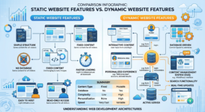 Key differences between static and dynamic websites.